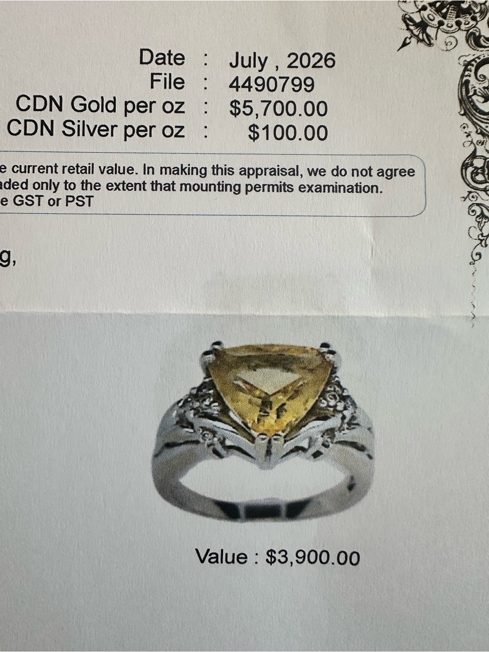 sz 6 14k Solid White Gold, Trillion yellow Beryl,8 diamonds, w/full appraisal